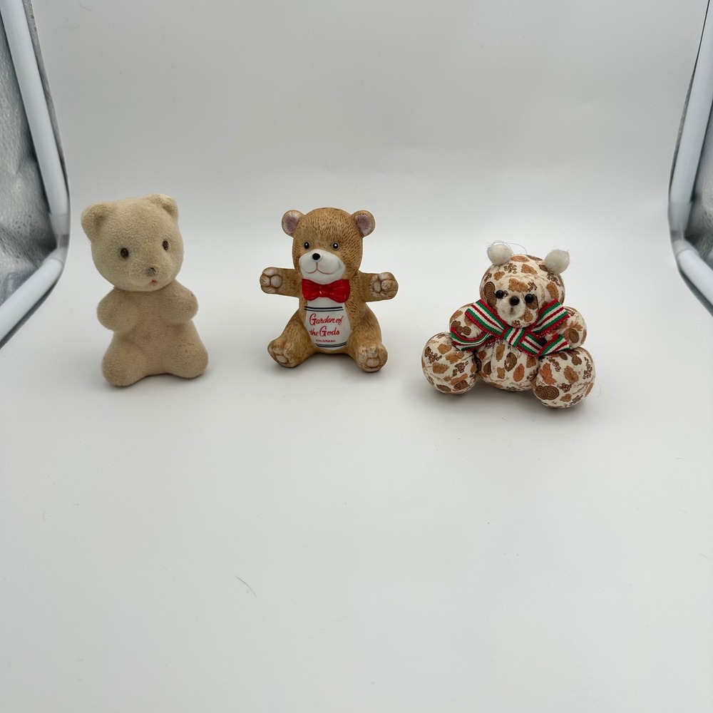 Vintage Miniature Teddy Bear Lot Avon Flocked Ceramic Garden of the Gods Fabric